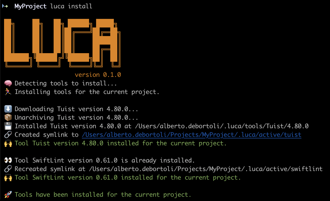 Luca terminal demo showing simple installation and usage